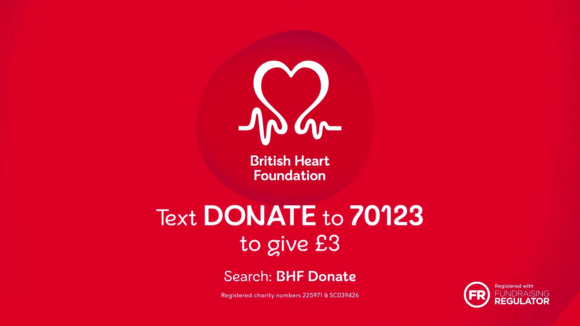 The British Heart Foundation logo and text on a red background, encouraging viewers to donate via text or search.
