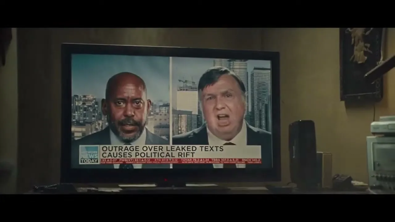 A television screen shows two male news anchors, one Black and one white, discussing "Outrage Over Leaked Texts Causes Political Rift" in a split screen.