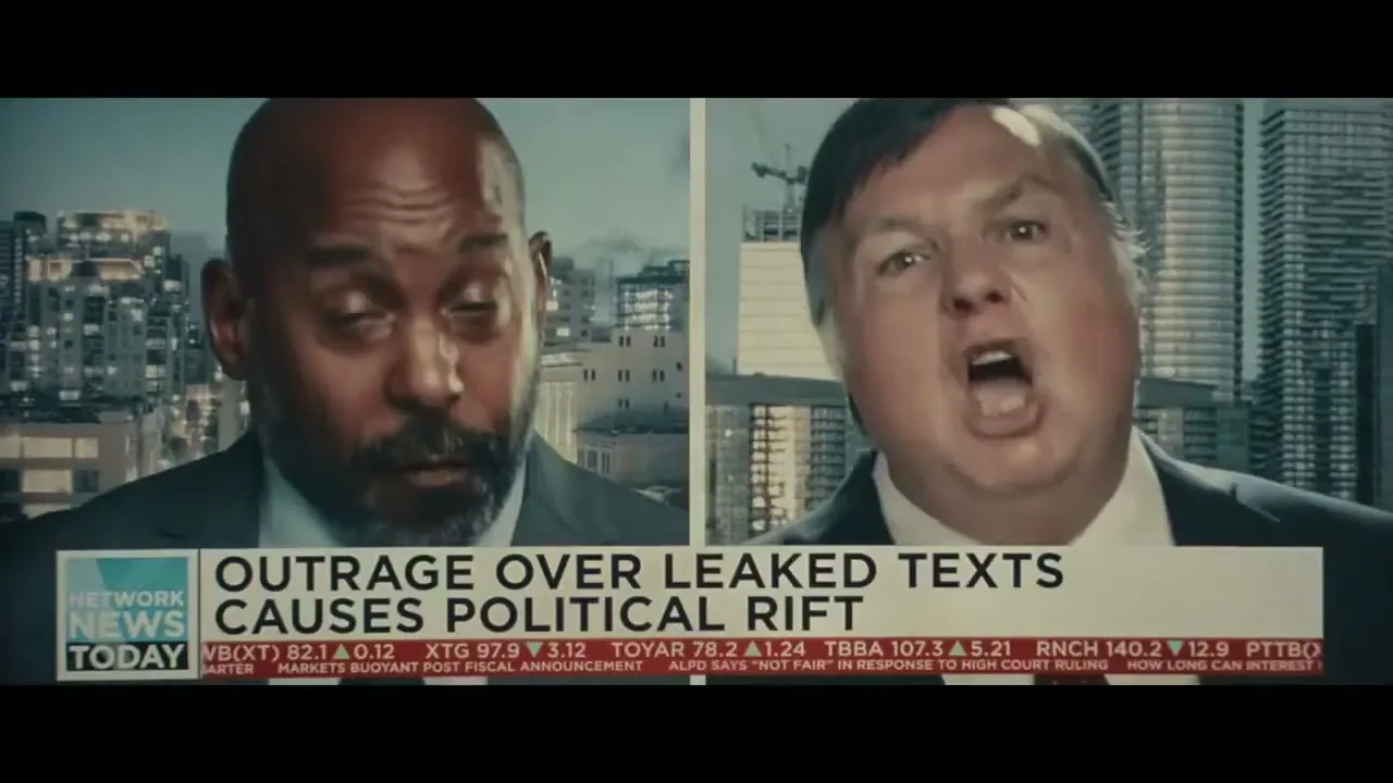 Two men, one Black and one white, are shown in a split screen, both wearing suits and looking angry, with a news headline about political rift below them.