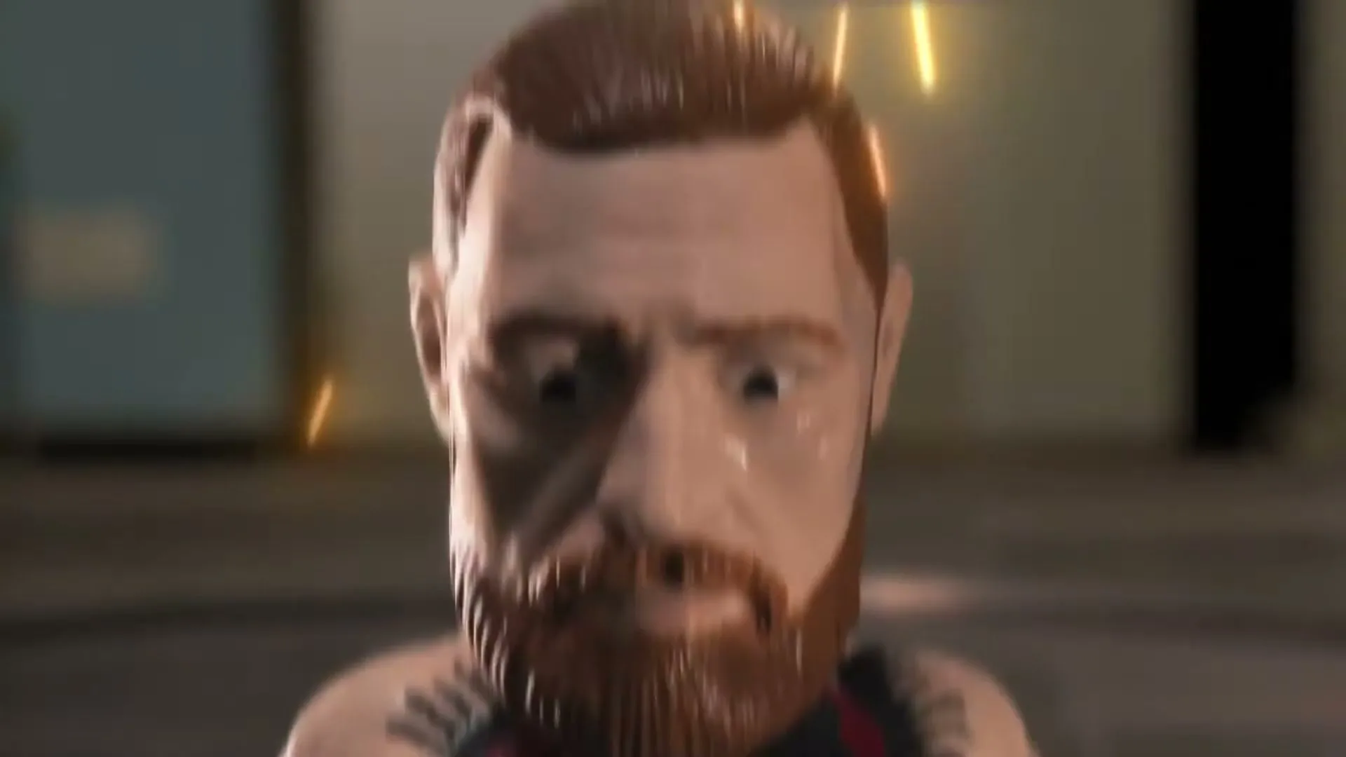 A pair of black Reebok sneakers with glowing orange soles stands over a small action figure of Conor McGregor, who then comes to life.