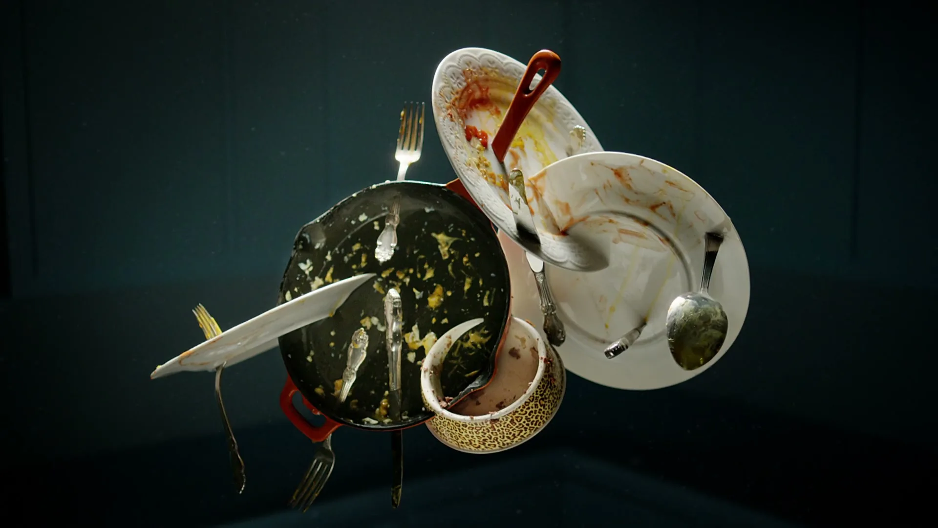 A pile of dirty dishes, including plates, bowls, and cutlery, floats against a dark background, showcasing food residue.