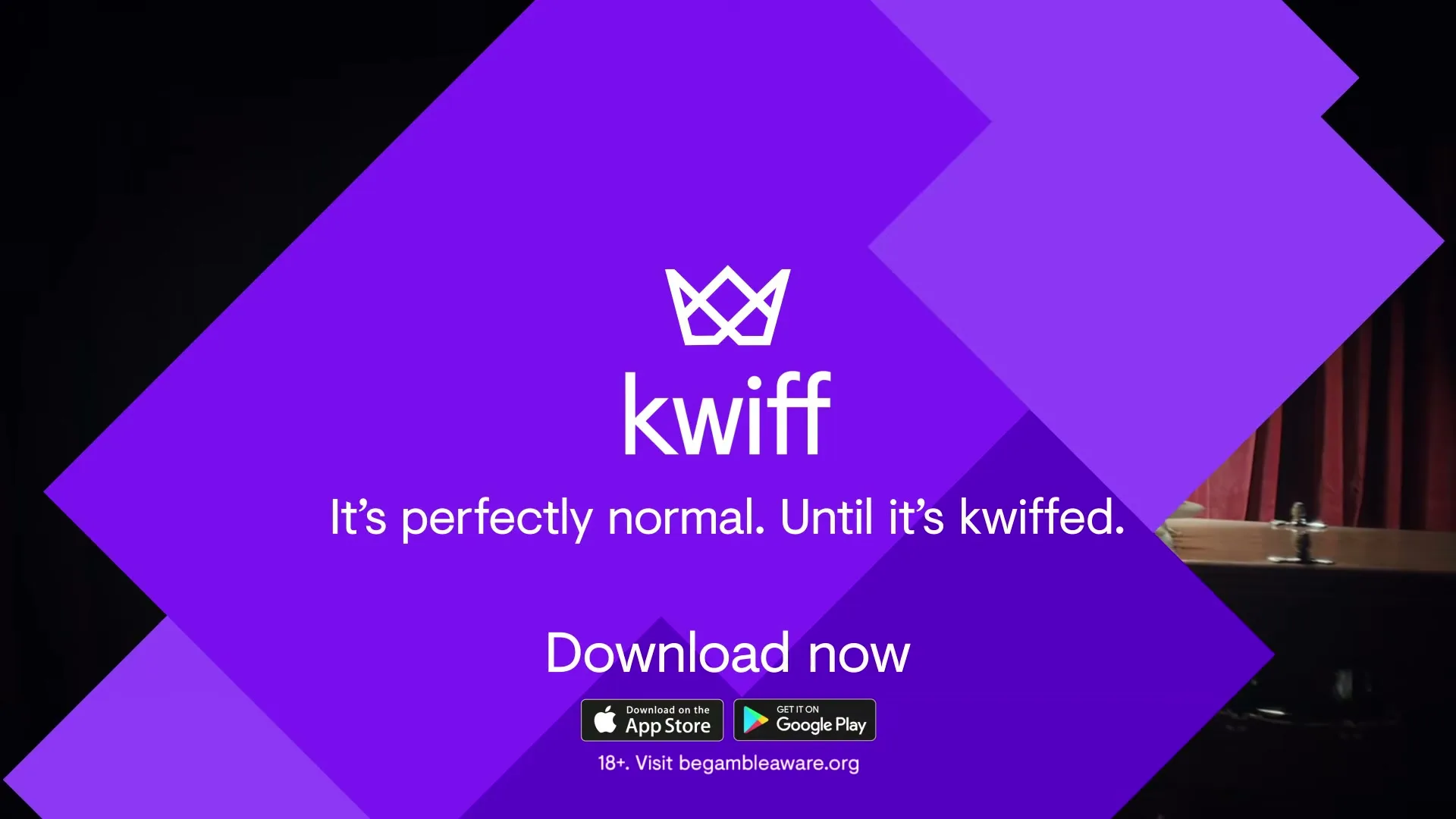 A purple graphic with the Kwiff logo and text overlays a blurry background of a coffin and red curtains, promoting the app.