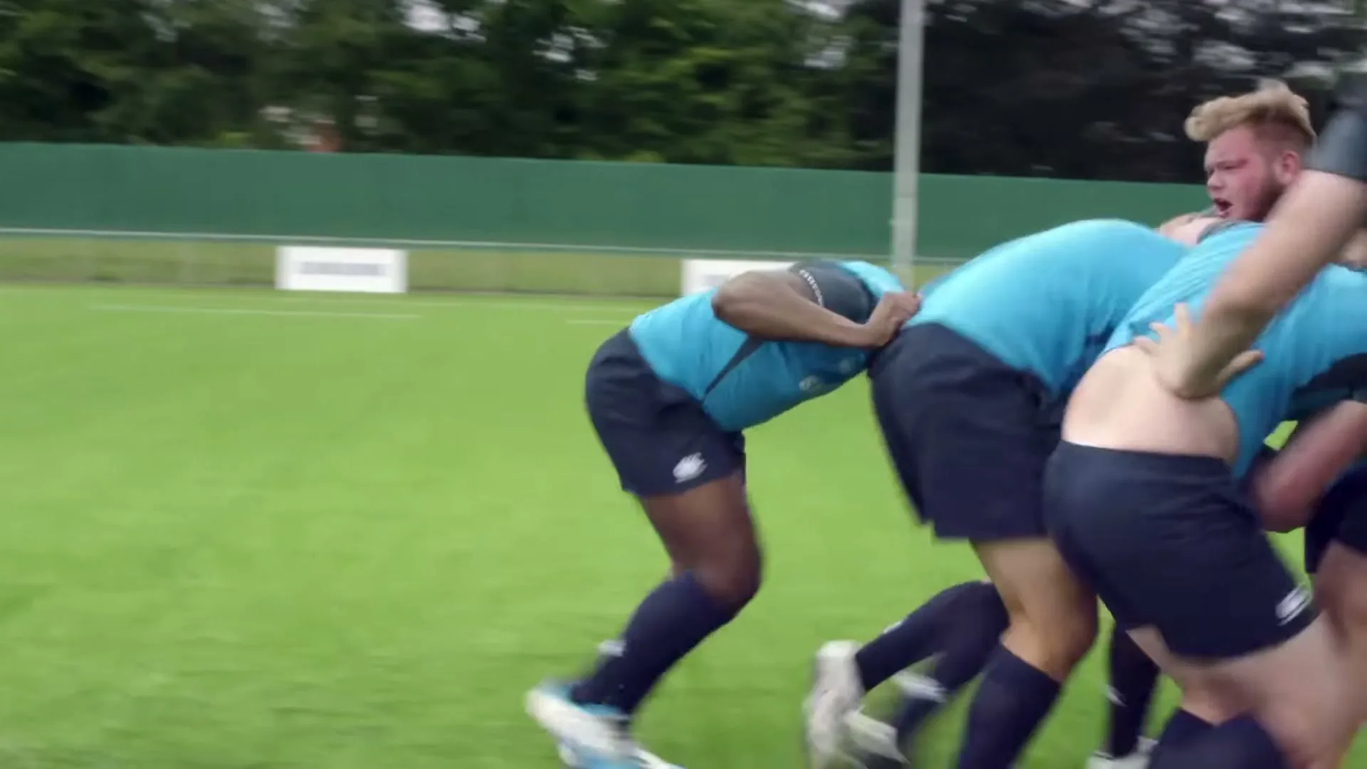 A group of male rugby players in blue and black uniforms are in a scrum on a green field during the day.