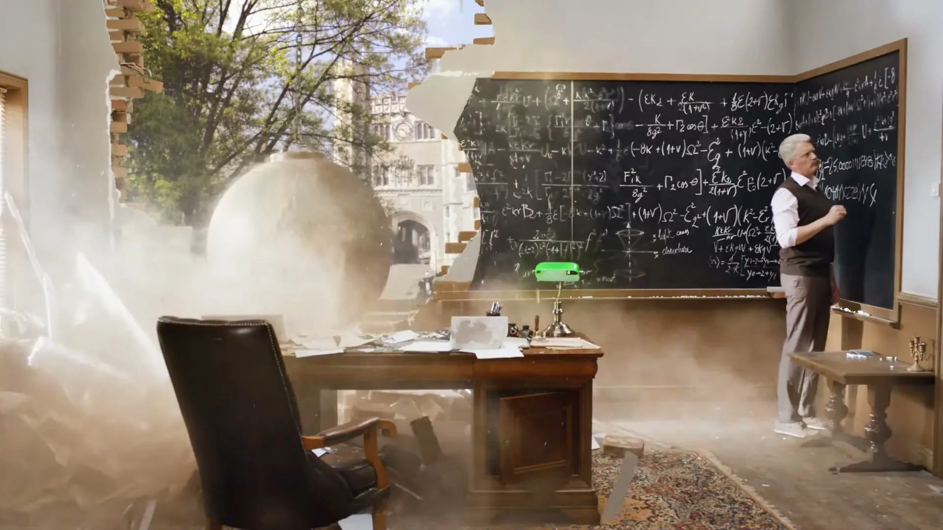 An older man, resembling Albert Einstein, writes on a blackboard filled with equations as a wrecking ball smashes through the wall of his office, creating a dusty mess.