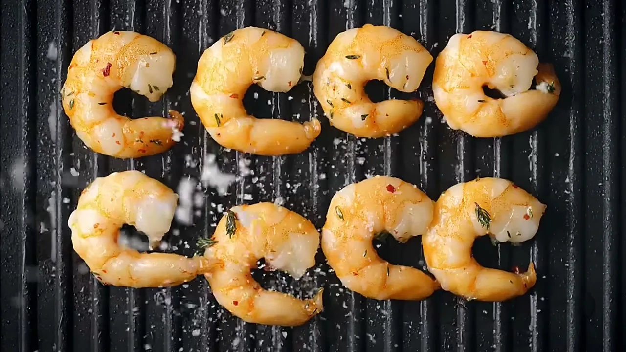 Eight seasoned shrimp sizzle on a black grill, with salt and pepper sprinkling down from above in a close-up shot.