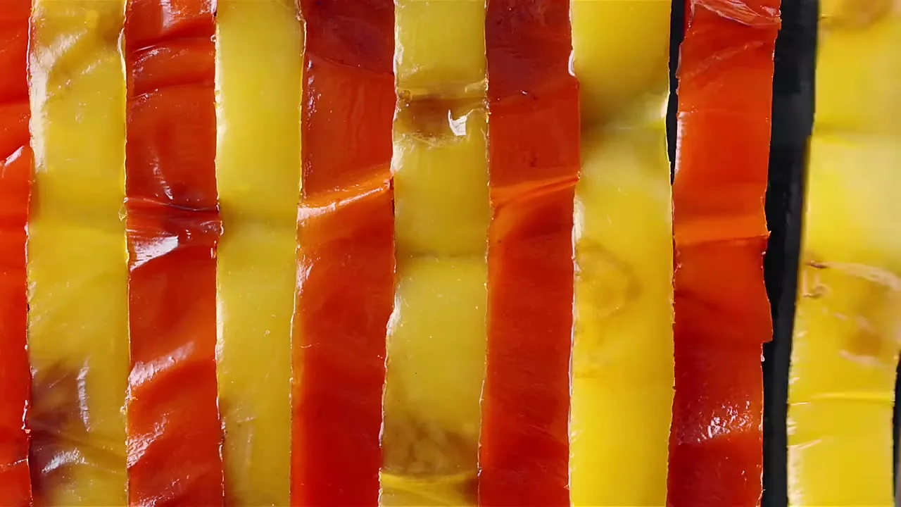 A close-up shot of alternating red and yellow bell pepper strips, arranged vertically, with a dark background on the right.