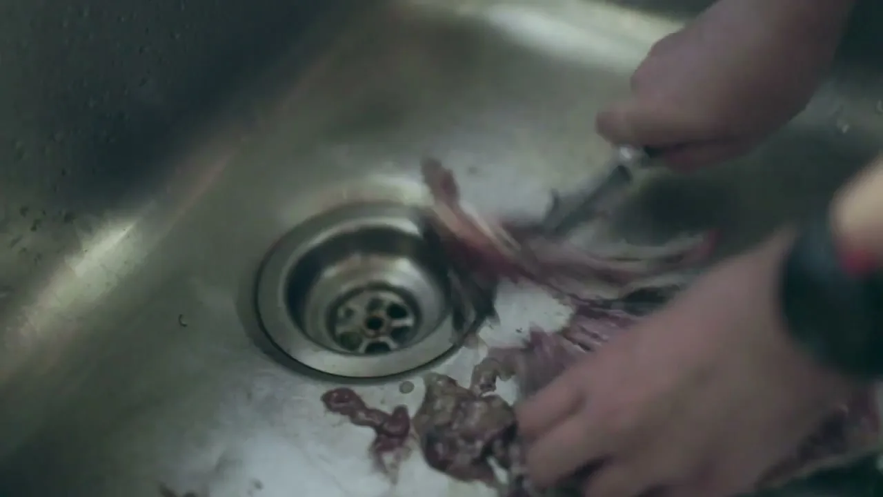 A person's hands are seen cleaning and cutting a fish in a metal kitchen sink, with fish guts and blood visible.