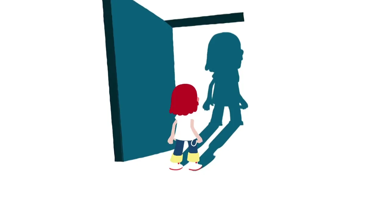 A small animated girl with red hair and a white shirt stands in front of a door, looking at her shadow, then falls into a white void.