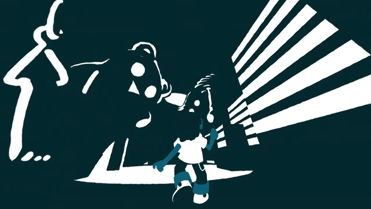 A red-haired girl in a white shirt and blue pants runs through a dark, abstract world with white geometric shapes, as if being chased by a large, shadowy figure.