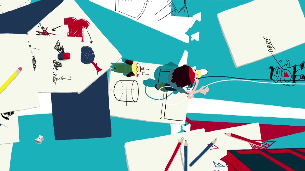 An animated girl runs across a collage of paper sketches and drawings, with pencils and other art supplies scattered around, in a vibrant, creative space.