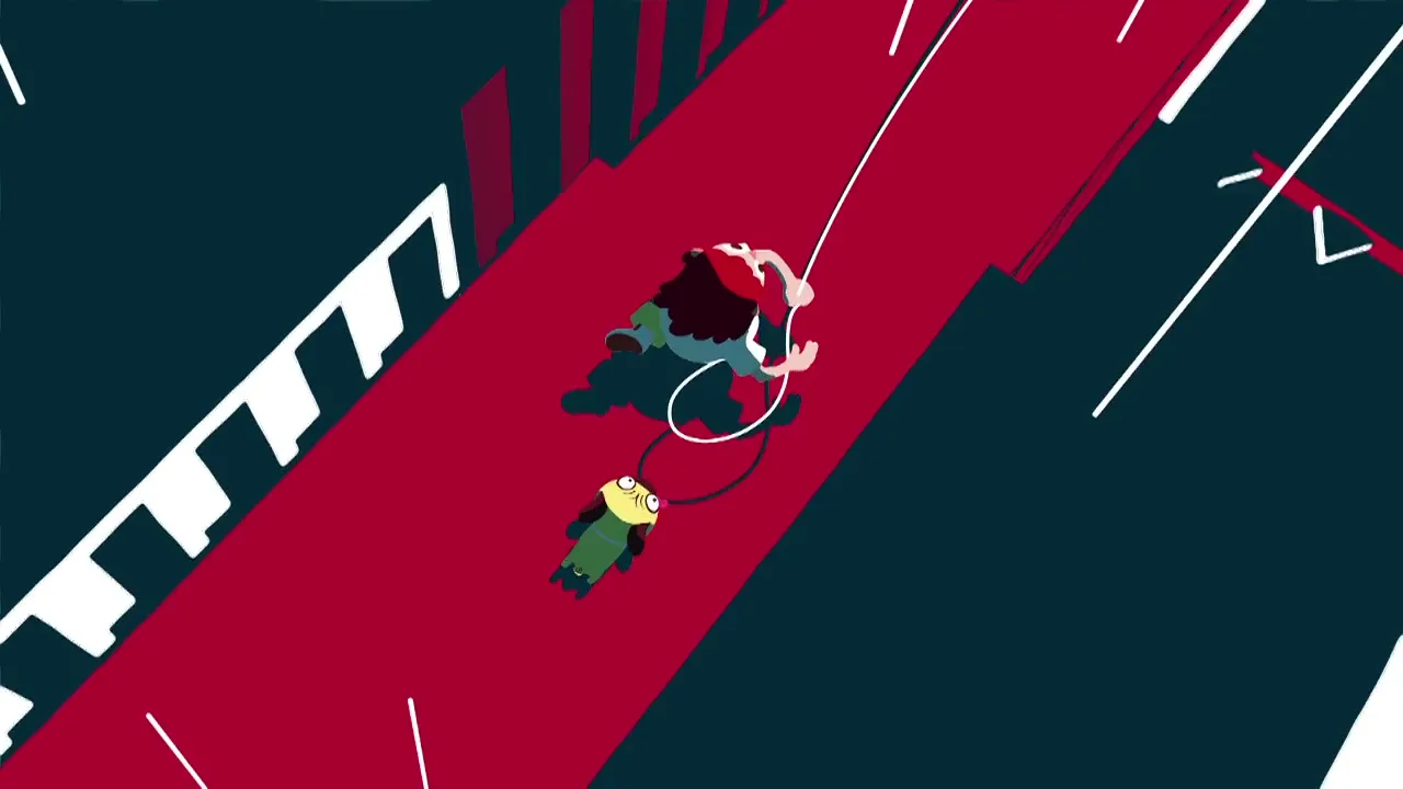 A stylized animated character with a red hat and brown hair is pulled by a white rope, rollerblading on a red path with dark blue surroundings.