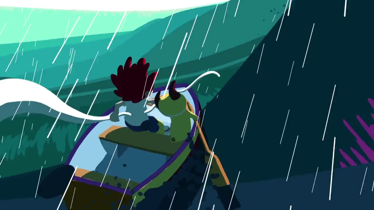 A child with red hair and a green creature in a small boat row through a stormy sea with rain falling, animated in a stylized way.