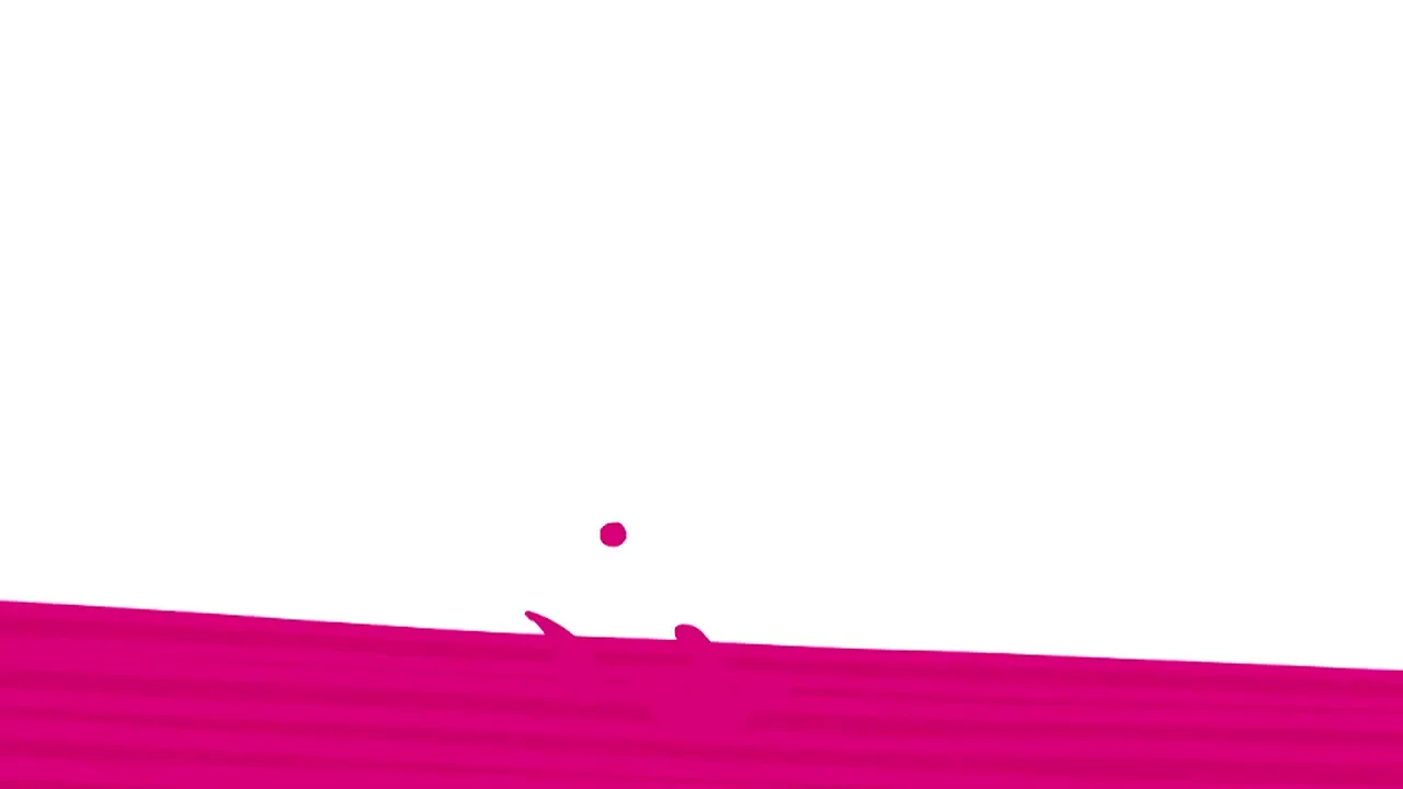 A cartoon girl with red hair and a pug dog look up in surprise as colorful threads appear and move across the screen.