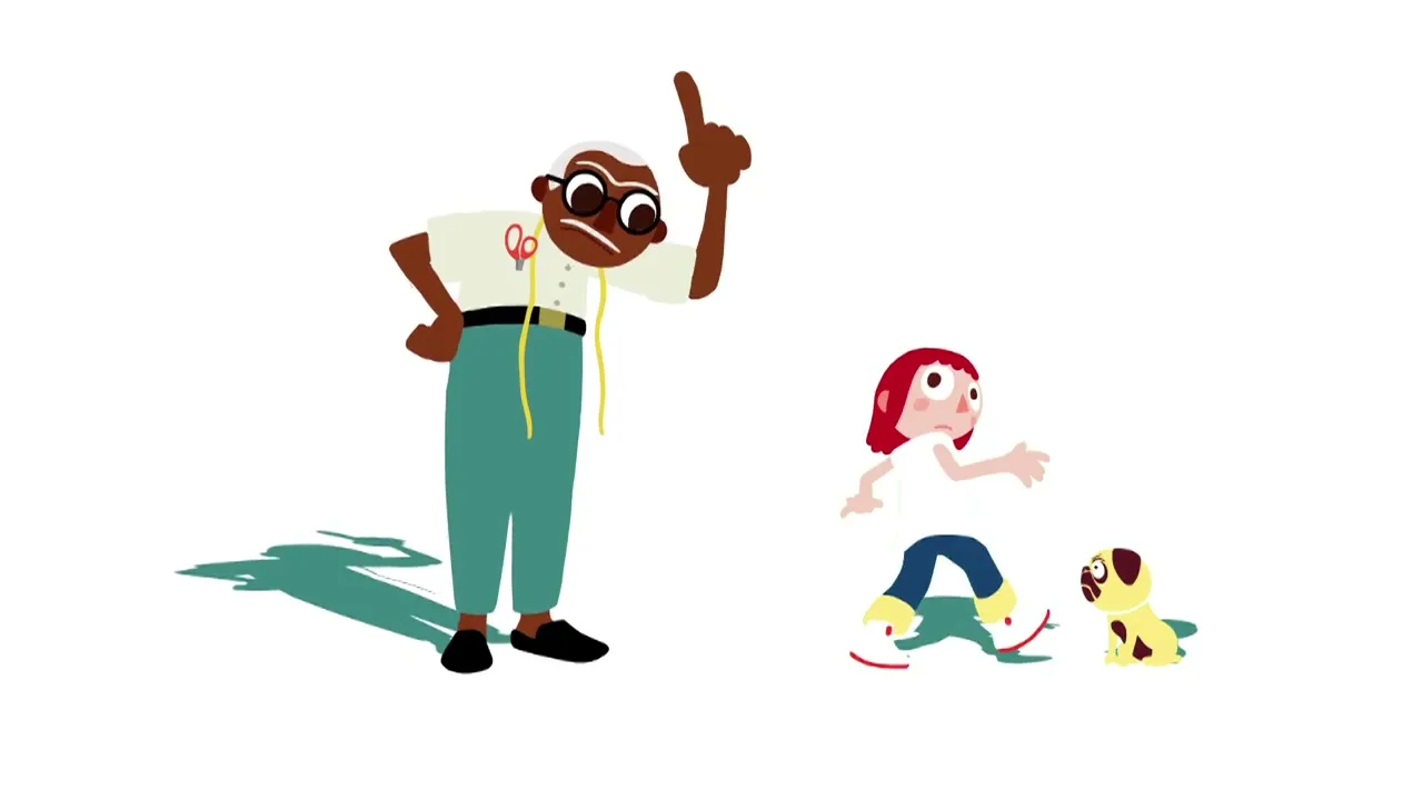 An animated tailor with a stern expression warns a young girl and her dog, who then run away, all against a white background.
