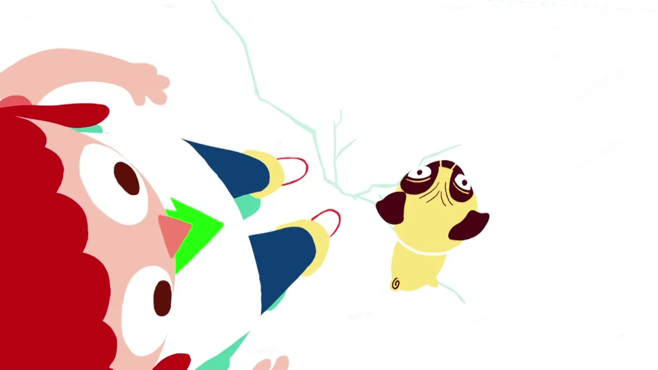 A cartoon child with red hair and a pug dog are seen from a high angle, with the child's face partially visible on the left and the pug on the right.