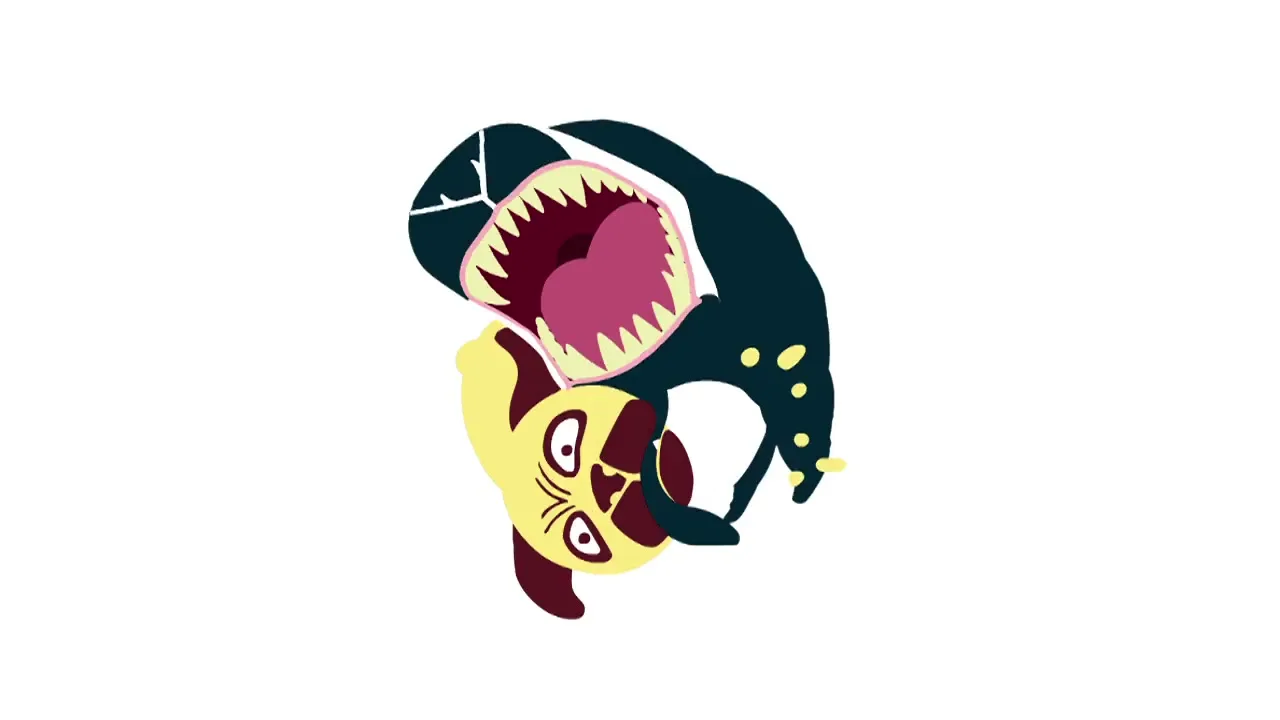 A stylized animation shows a dark, shark-like creature with sharp teeth biting a light brown pug dog, both spinning on a white background.