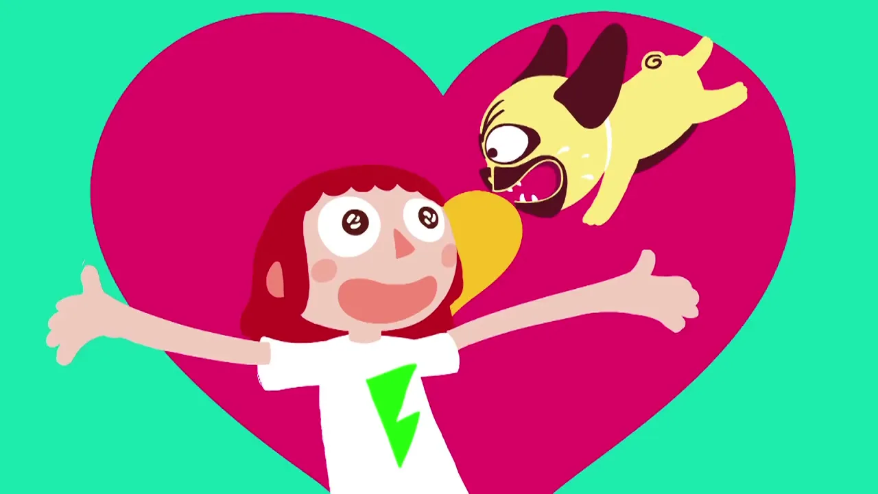 A cartoon girl with red hair and a white shirt with a green lightning bolt smiles with arms outstretched, as a yellow cartoon dog barks at her.
