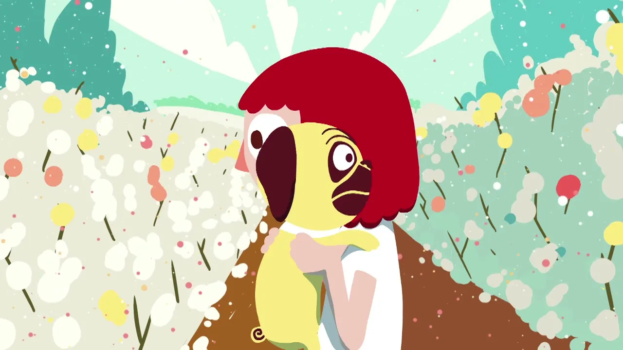 A cartoon girl with red hair holds a small yellow dog in a field of colorful plants, looking surprised as the dog licks her face.