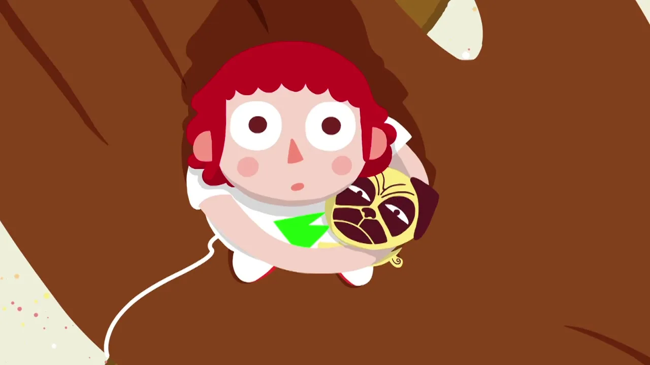 A cartoon girl with red hair and a white shirt holds a small, worried-looking pug while sitting in a giant brown hand.