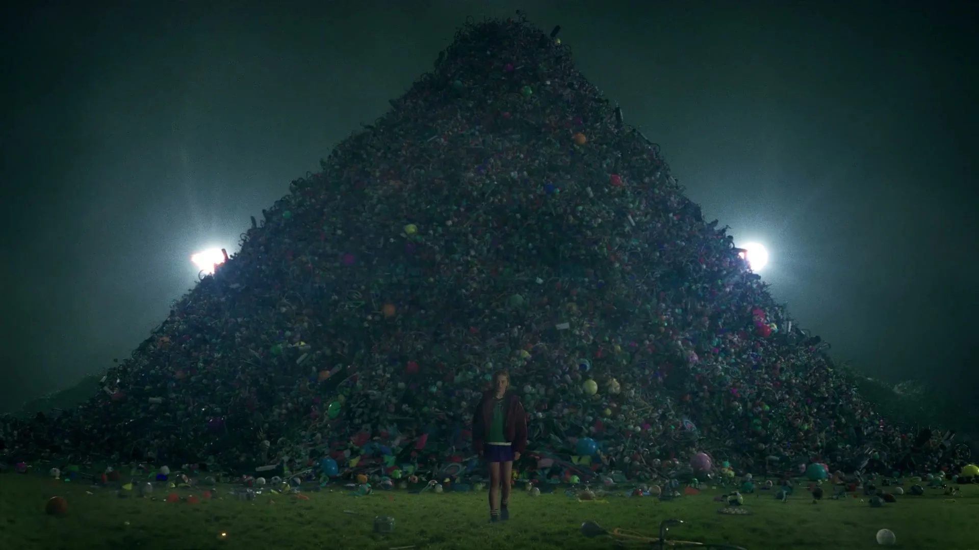 A young girl stands in a field of toys, looking at a massive mountain of discarded items under a dark, ominous sky.