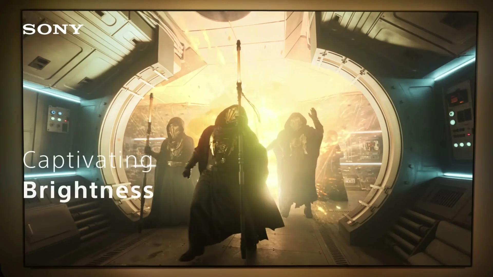 A group of mysterious, robed figures with golden masks and staffs stand in a futuristic spaceship corridor, with bright light emanating from a circular doorway behind them.