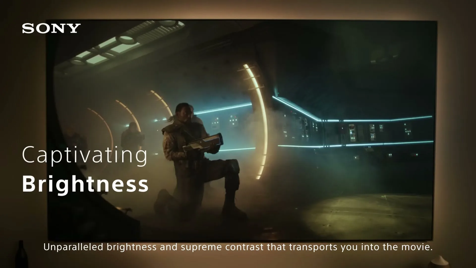 A Sony Bravia TV displays a sci-fi scene with soldiers in a spaceship corridor, showcasing "Captivating Brightness" and "Unparalleled brightness and supreme contrast."