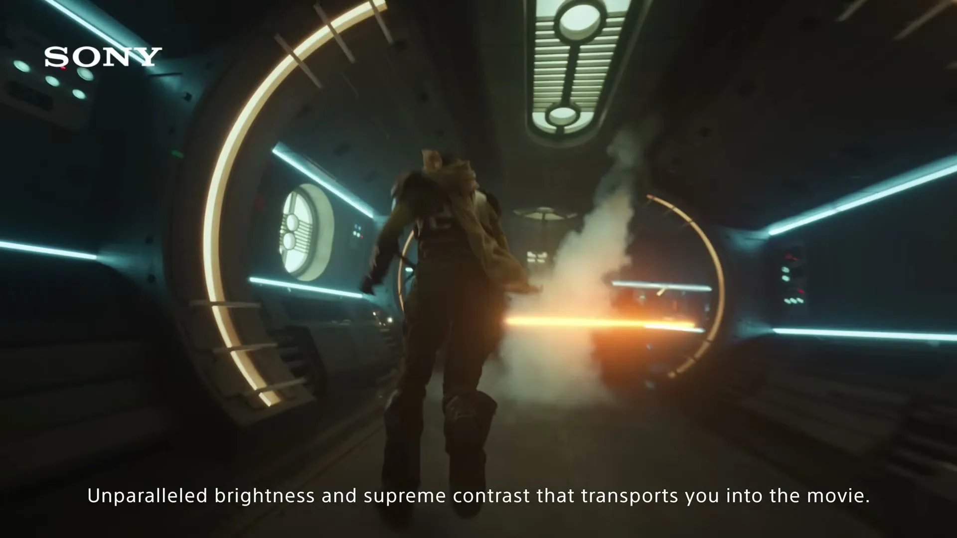 A female warrior with a shaved head and scars on her face runs through a futuristic spaceship corridor, dodging smoke and laser fire.