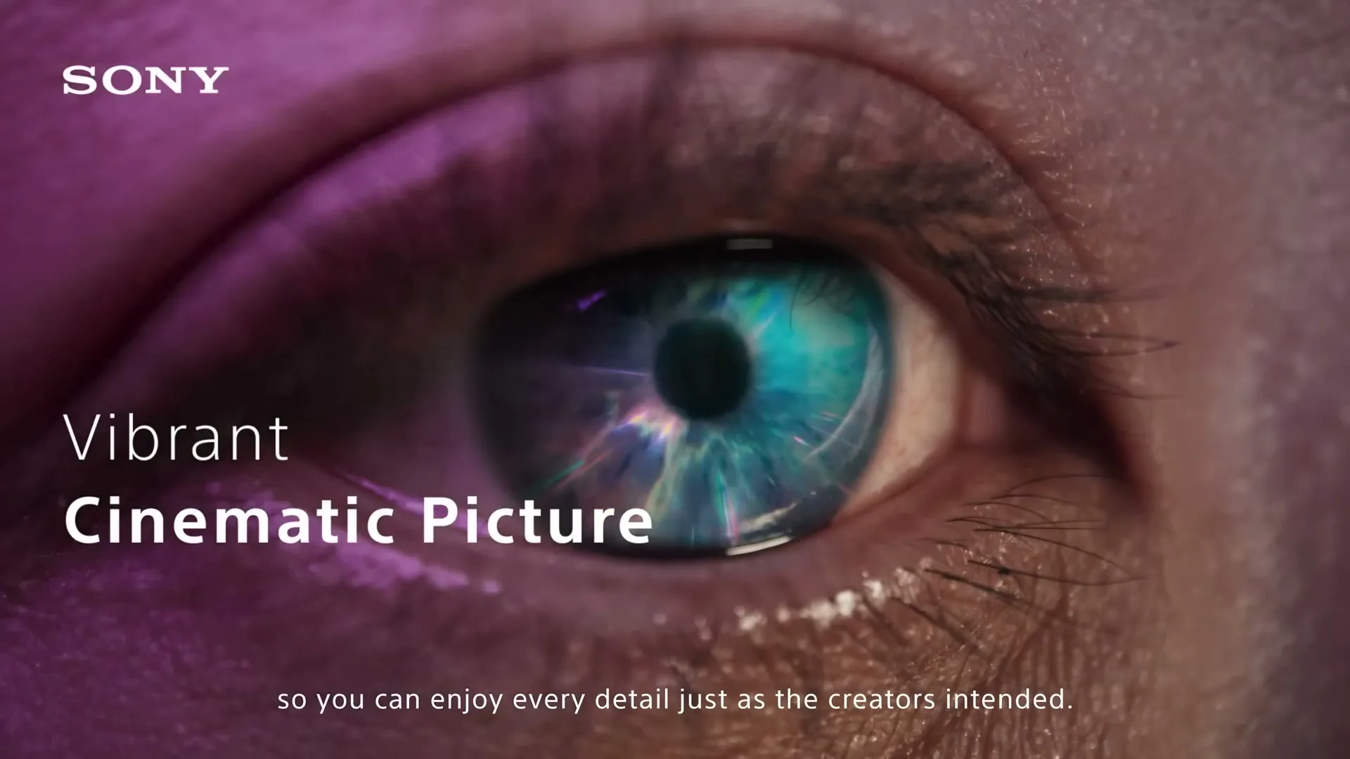 A person's eye is shown in a closeup, with vibrant colors reflecting in the iris, as text about cinematic picture quality appears on screen.