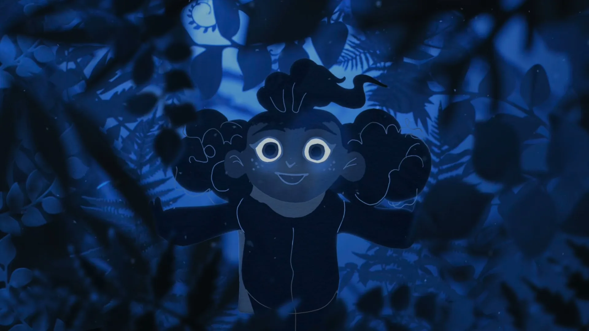 A young animated girl with glowing eyes and curly hair looks up in wonder, surrounded by dark blue foliage in a magical forest.