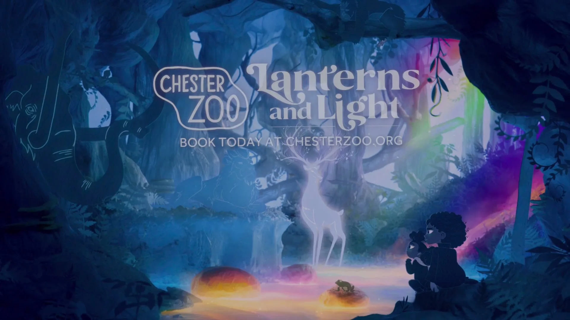 A stylized animated forest at night with a glowing deer, a boy, and a frog, with text overlay for "Chester Zoo Lanterns and Light."