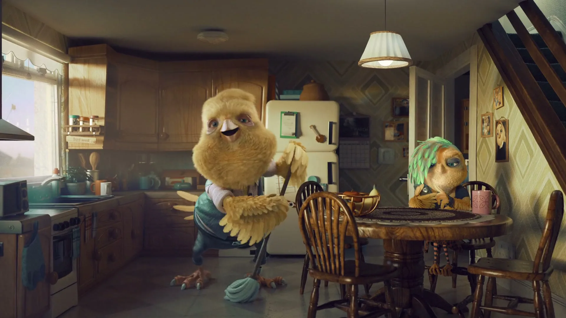 A fluffy yellow bird-like creature mops the kitchen floor while another bird-like creature with green hair sits at the kitchen table.