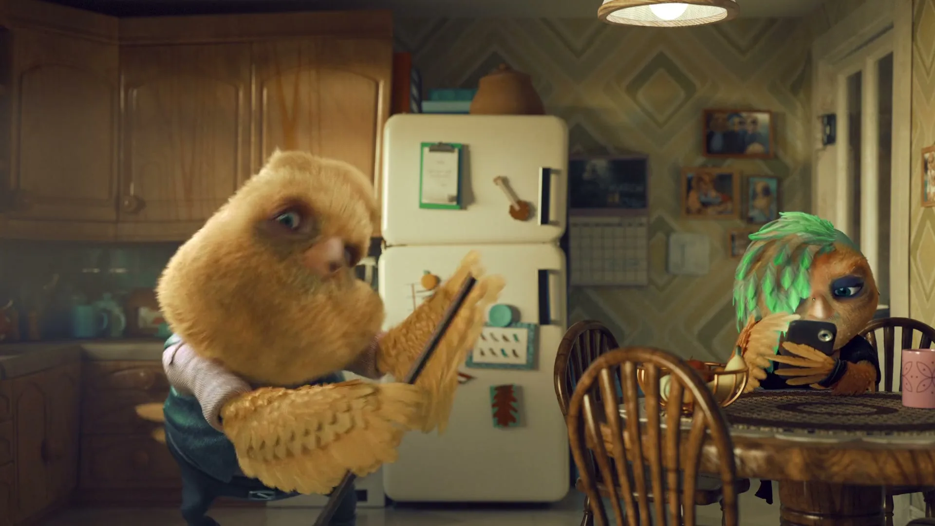 A fluffy, bird-like creature mops the floor in a kitchen while another bird-like creature with green hair sits at a table, looking at a phone.