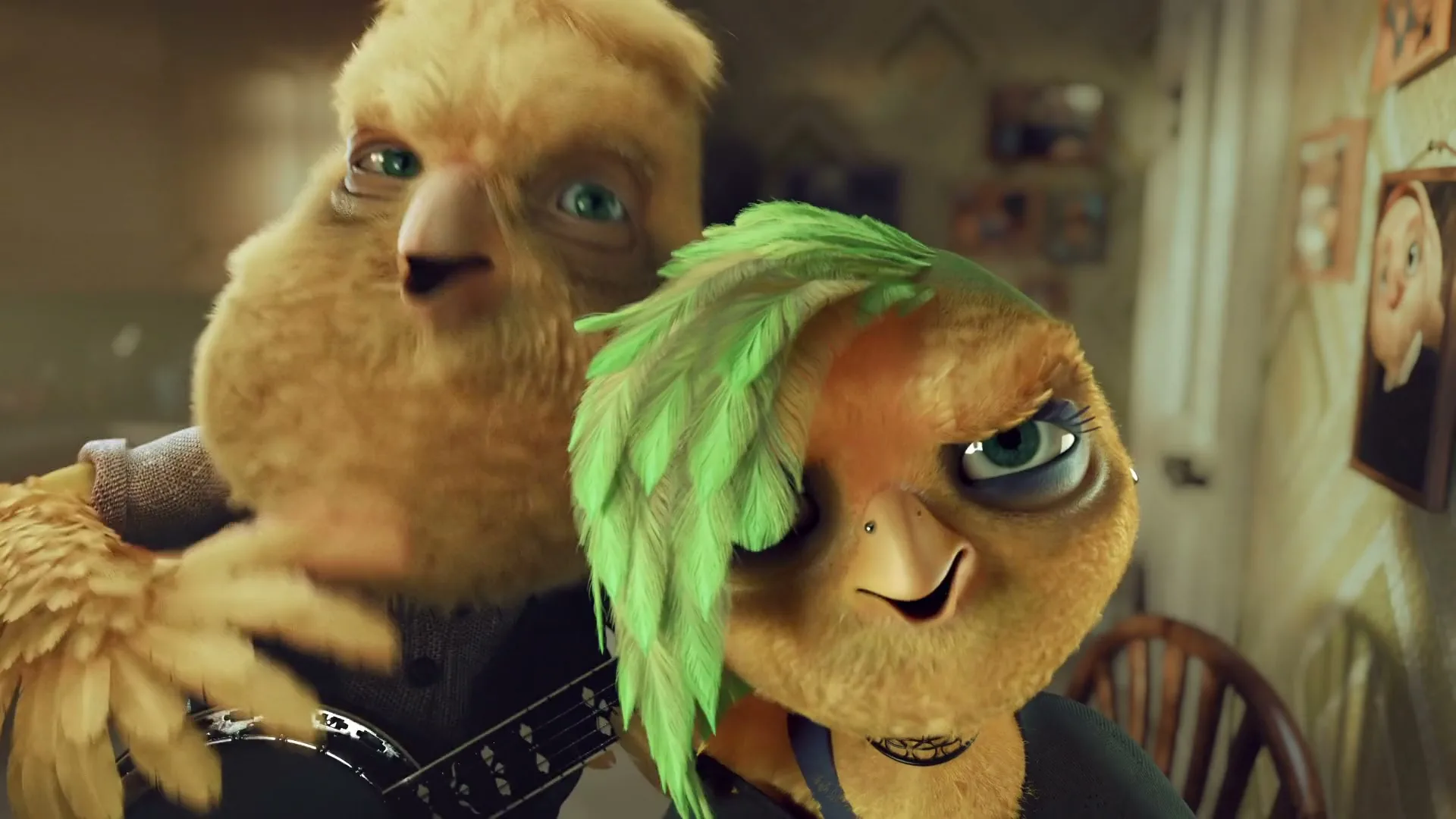 Two animated bird-like characters, one with green hair, are in a kitchen, looking at the camera as the one with green hair winks.