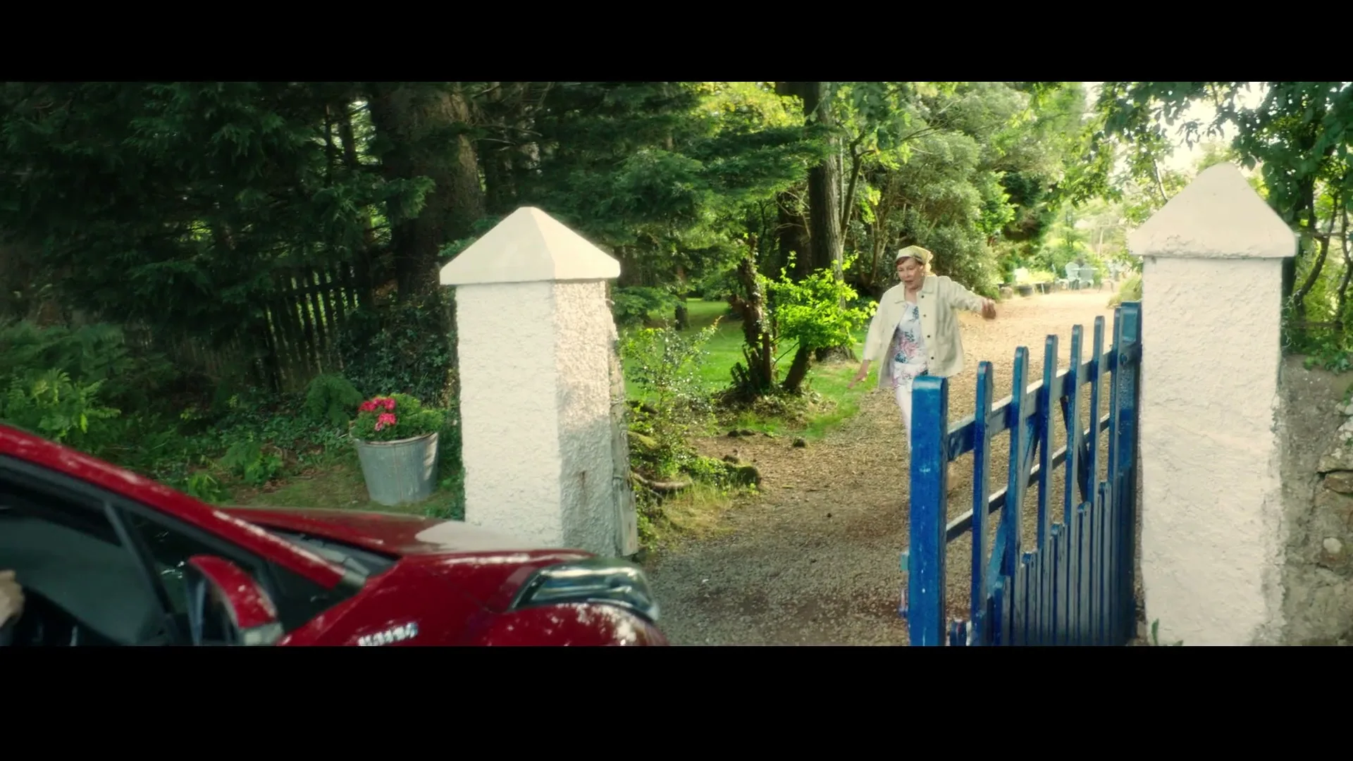 A grandmother in a white outfit waves excitedly from behind a blue gate as a red car pulls up to her house in a lush, green setting.