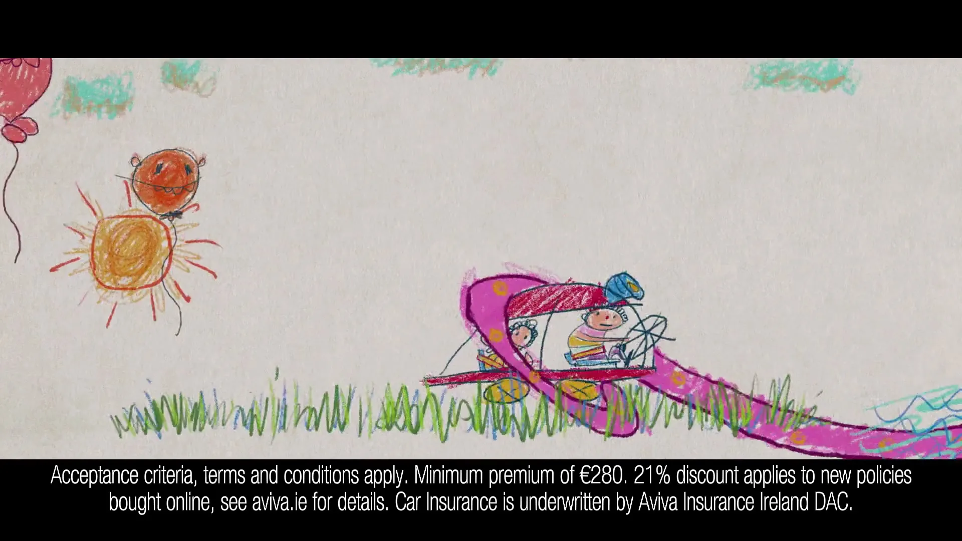 A child's drawing of a car with a person inside drives across a grassy landscape with balloons and a sun in the sky.