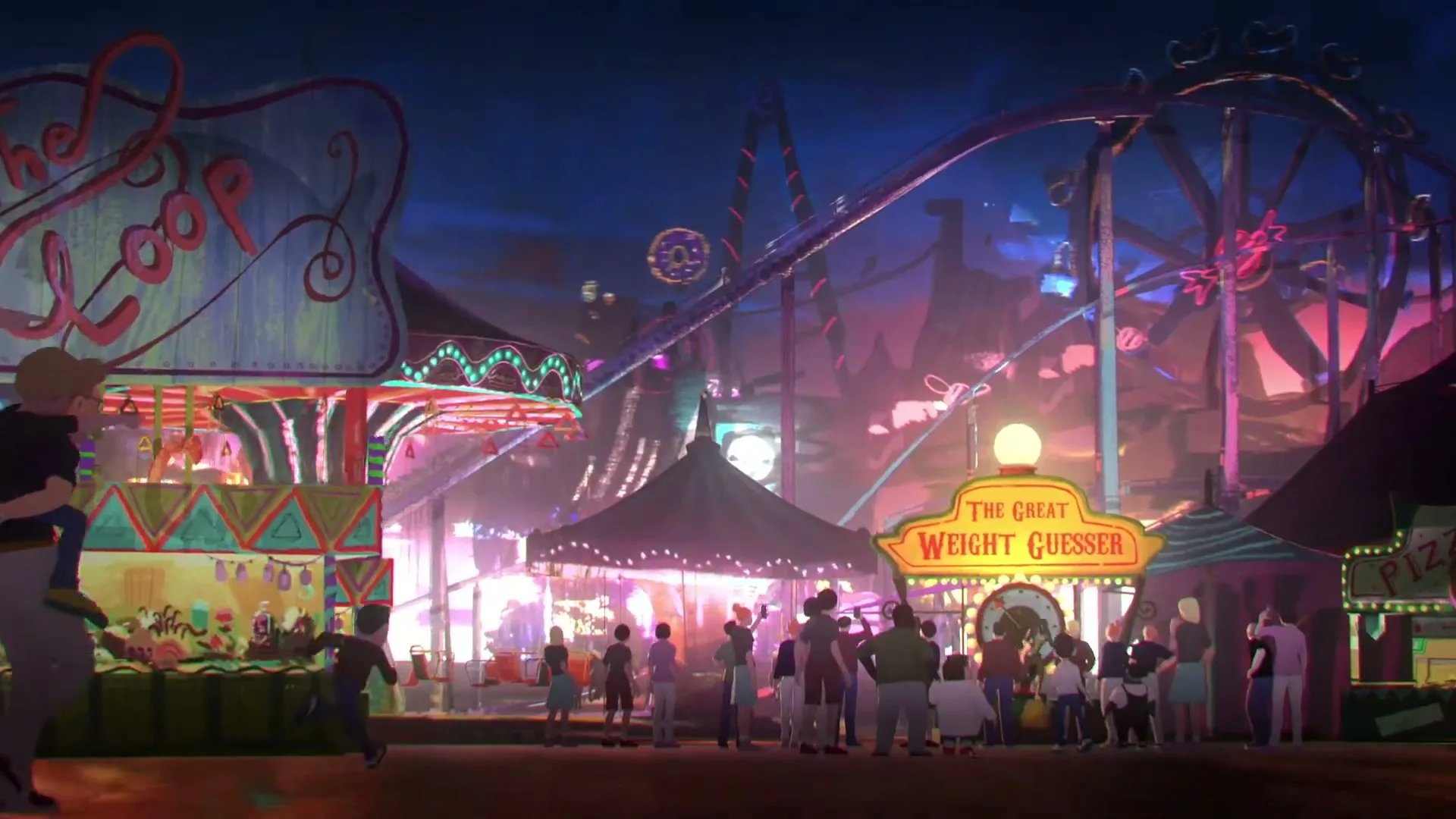 A wide shot of a bustling carnival at night, with various rides and game booths illuminated by colorful lights, and a crowd of people gathered around "The Great Weight Guesser" booth.