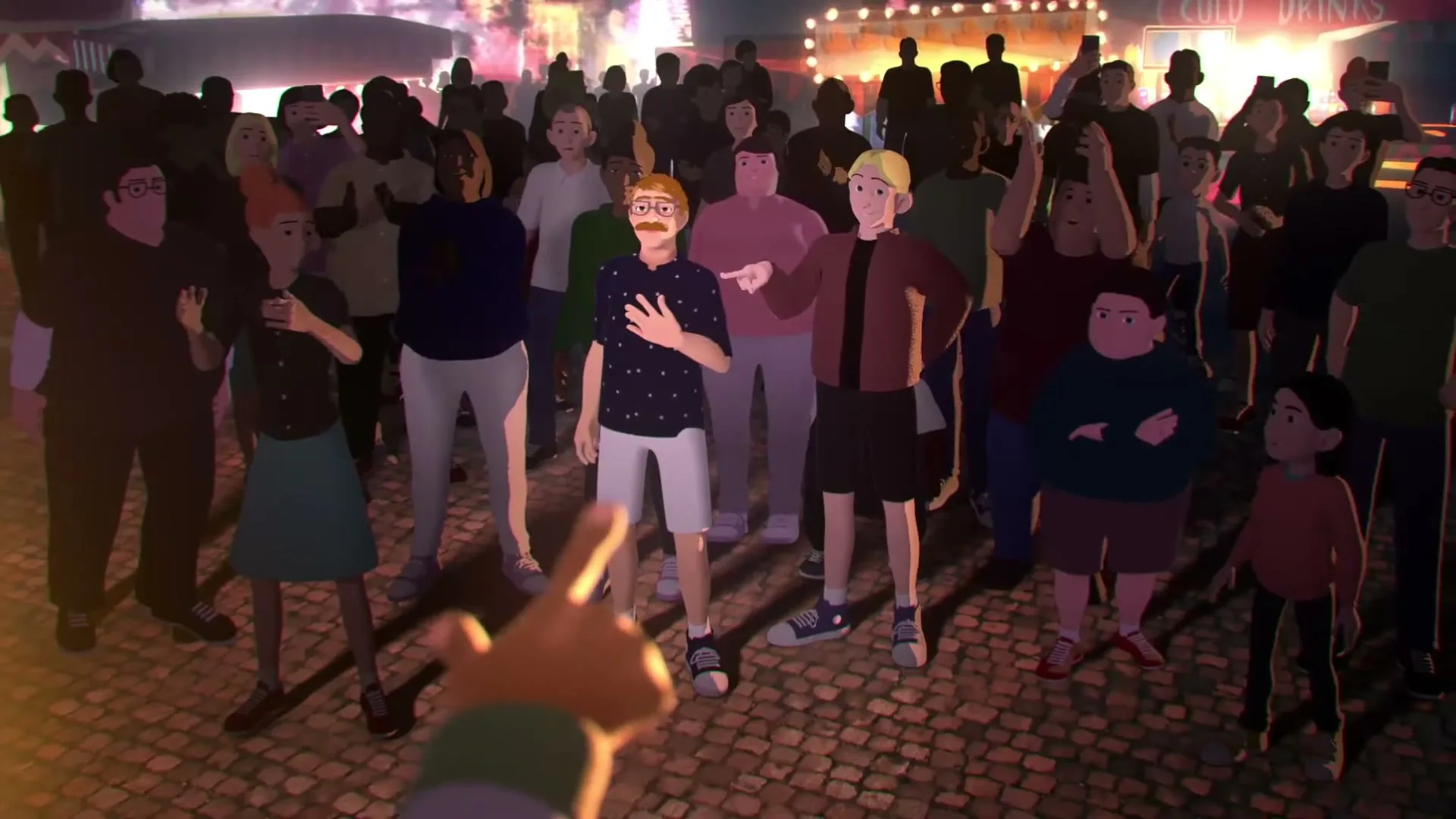 A crowd of animated people in a fairground setting, with a man in the center gesturing with his hands as if speaking to someone off-screen.