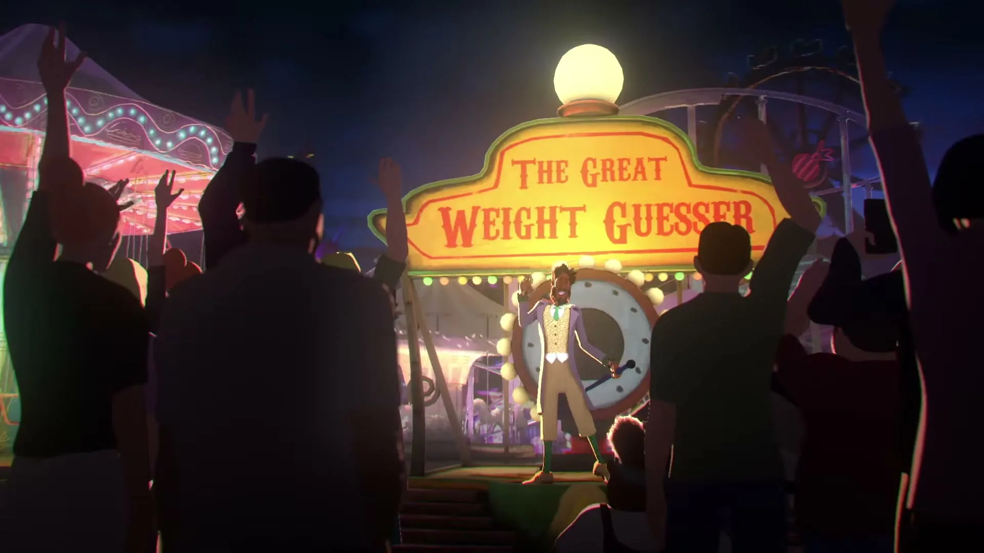 A male carnival barker in a white suit and bow tie stands on a stage, gesturing to a crowd at "The Great Weight Guesser" booth at night.