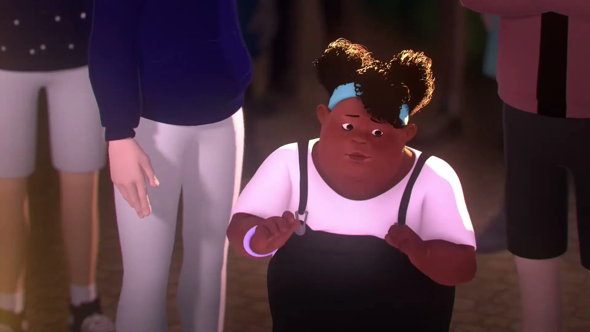 A young animated girl with dark skin and curly hair in pigtails, wearing a white shirt and black overalls, waves her hand while surrounded by other animated people.