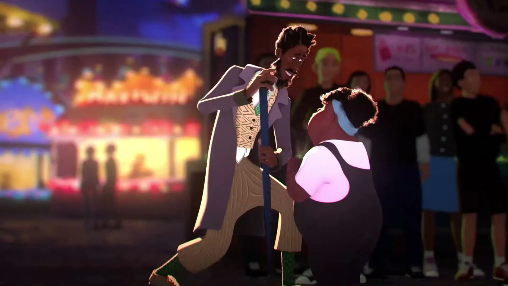 A tall, thin man with a cane kneels before a short, stout woman in a bustling, colorful street scene at night.
