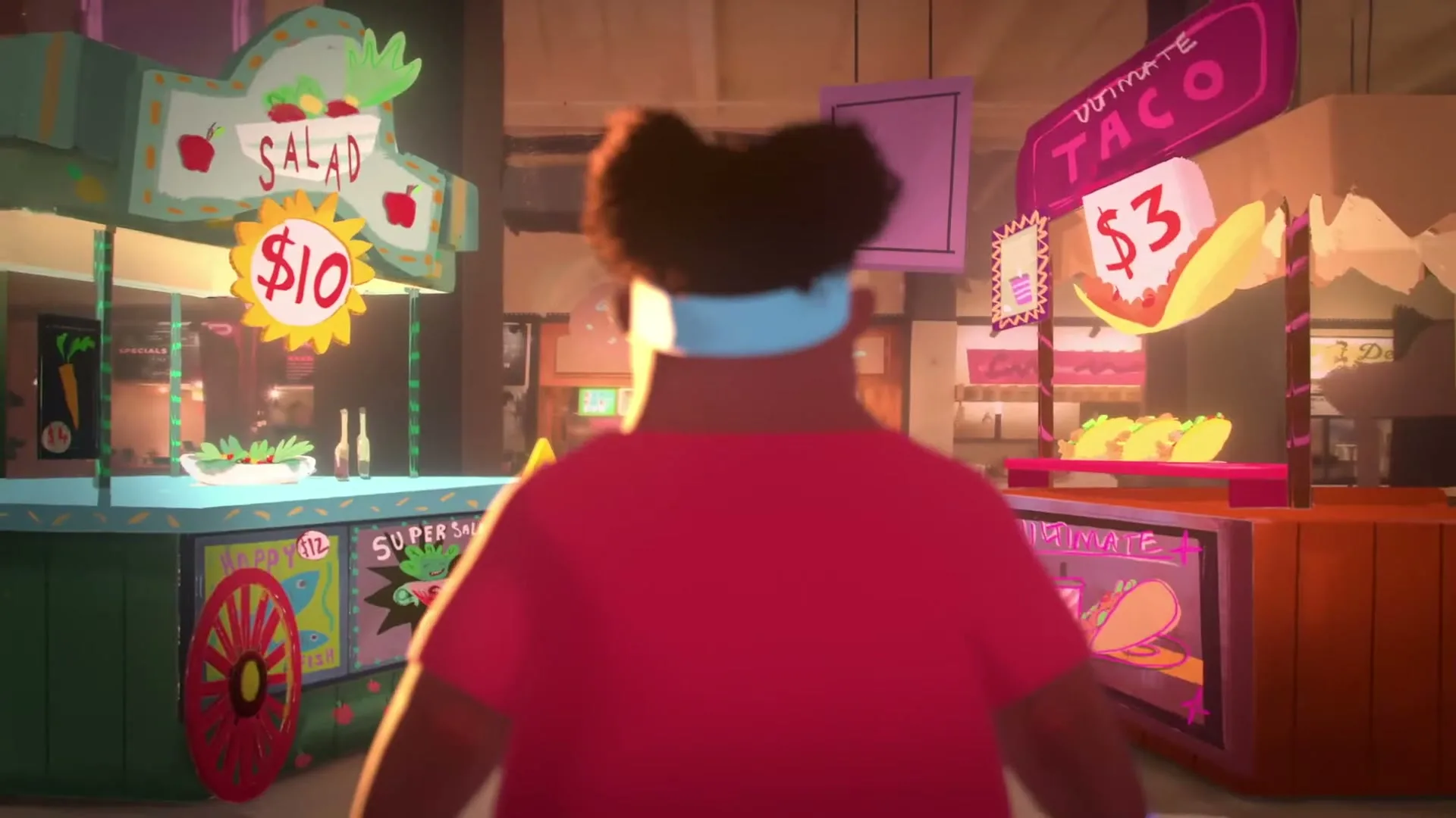 A person with dark skin and hair in a red shirt and blue headband walks through a food court with a salad stand and a taco stand.