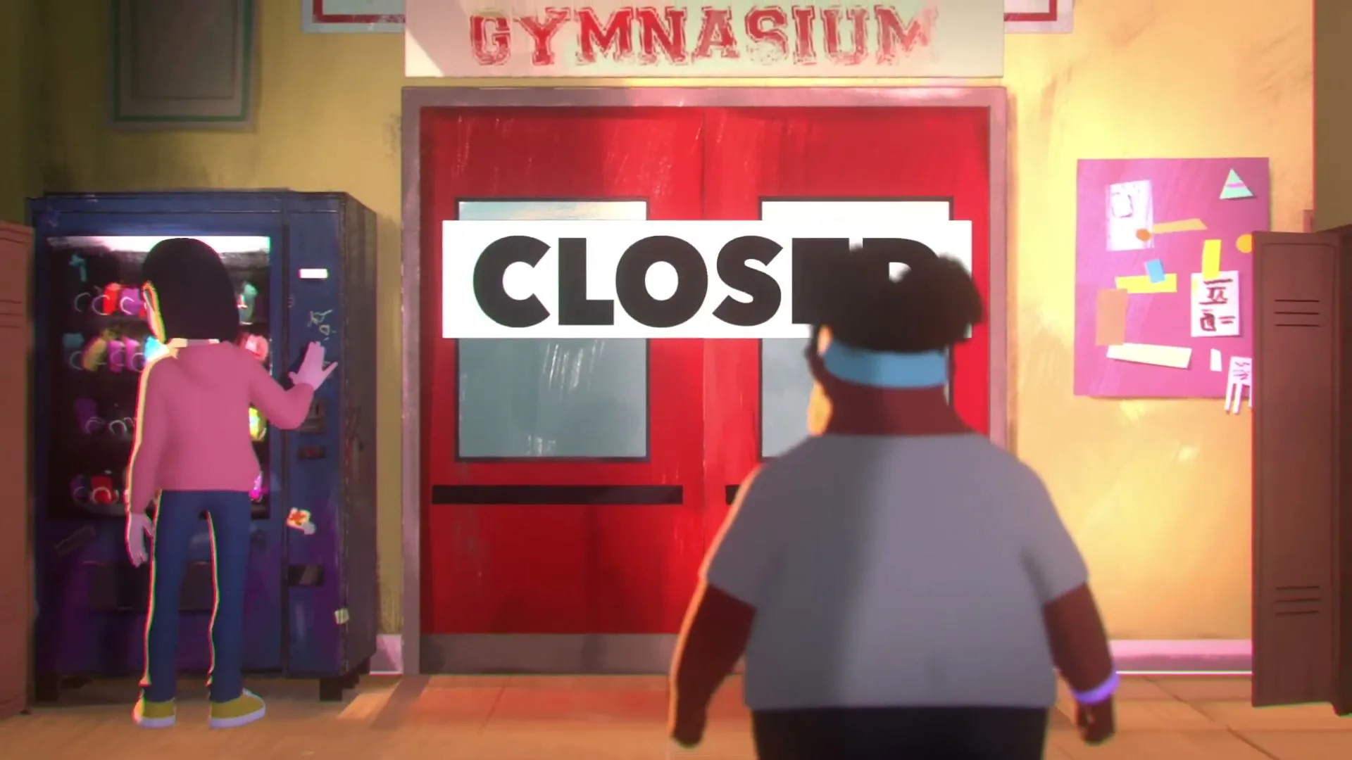 Two animated people stand in a school hallway, looking at a red door with a "CLOSED" sign on it.