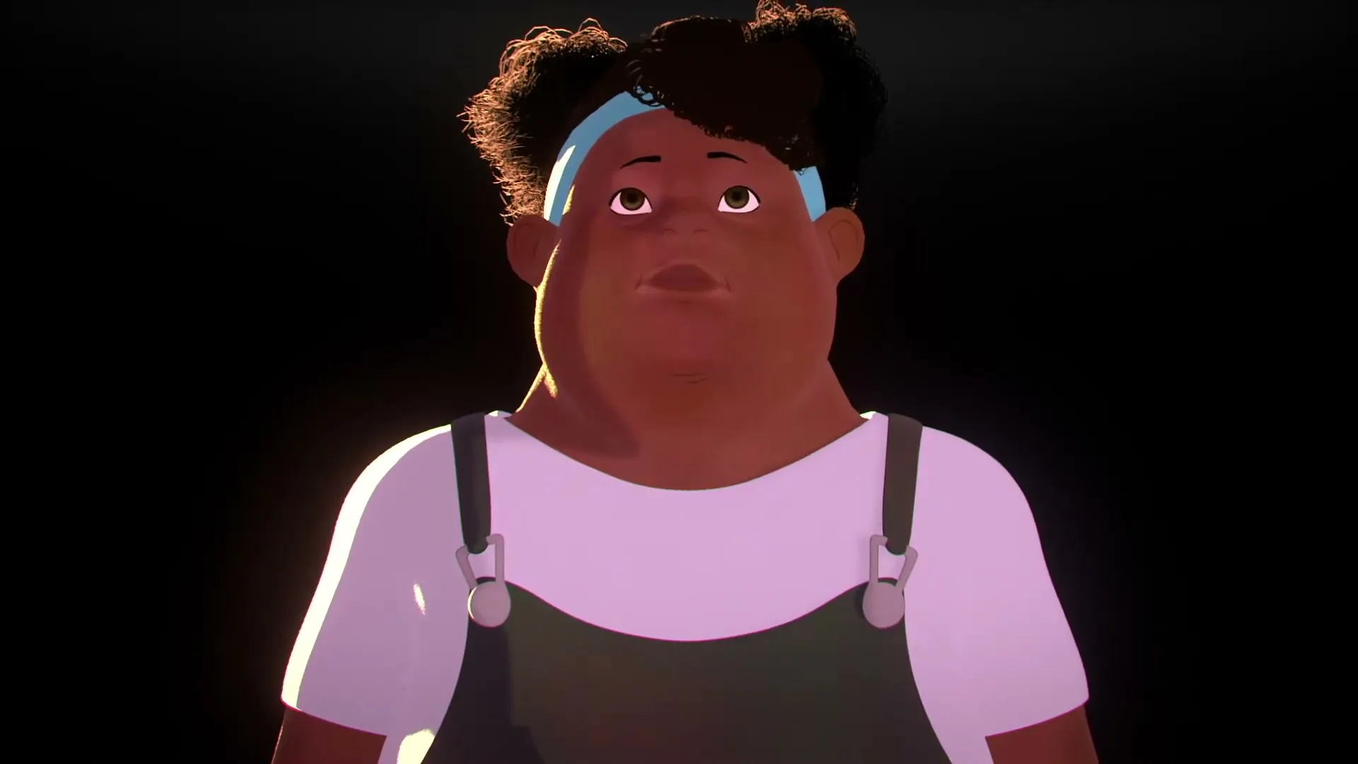 A young animated female character with dark skin and curly hair looks up with a thoughtful expression against a black background.