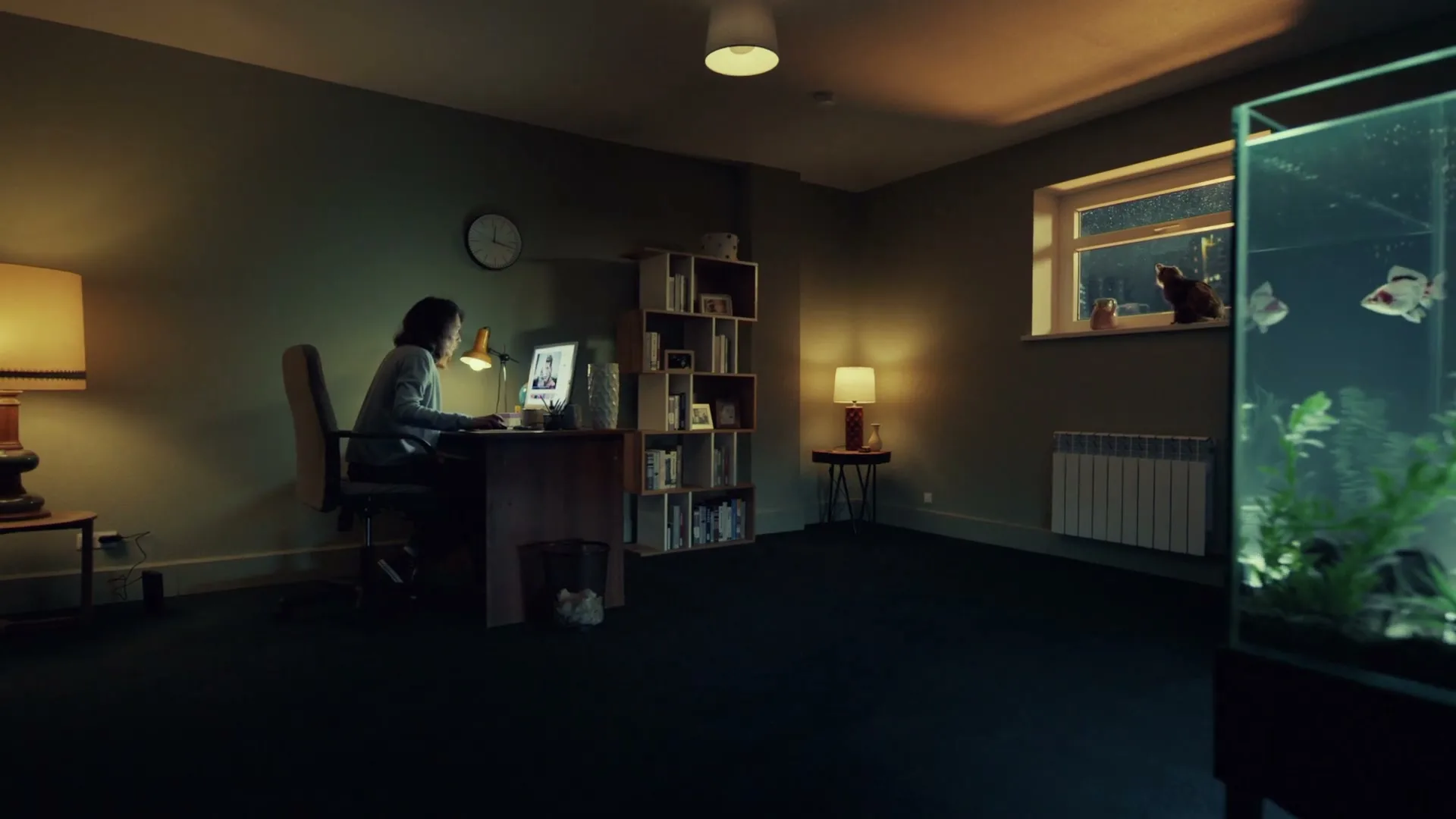 A woman sits at a desk in a dimly lit room, working on a laptop, while a cat watches rain from a window and fish swim in an aquarium.