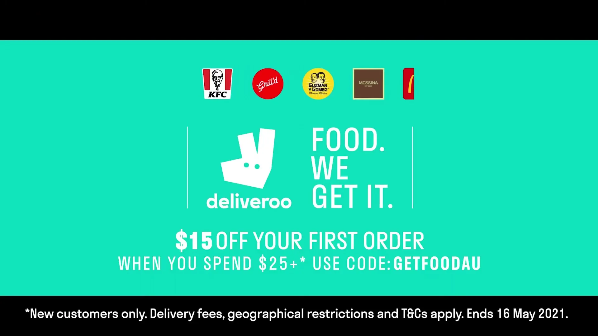 The Deliveroo logo and text "FOOD. WE GET IT." appear on a teal background, surrounded by various restaurant logos and an offer for new customers.