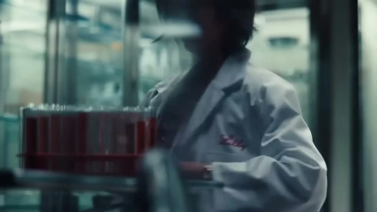A female scientist in a lab coat puts on her coat in a laboratory, with test tubes visible in the foreground.
