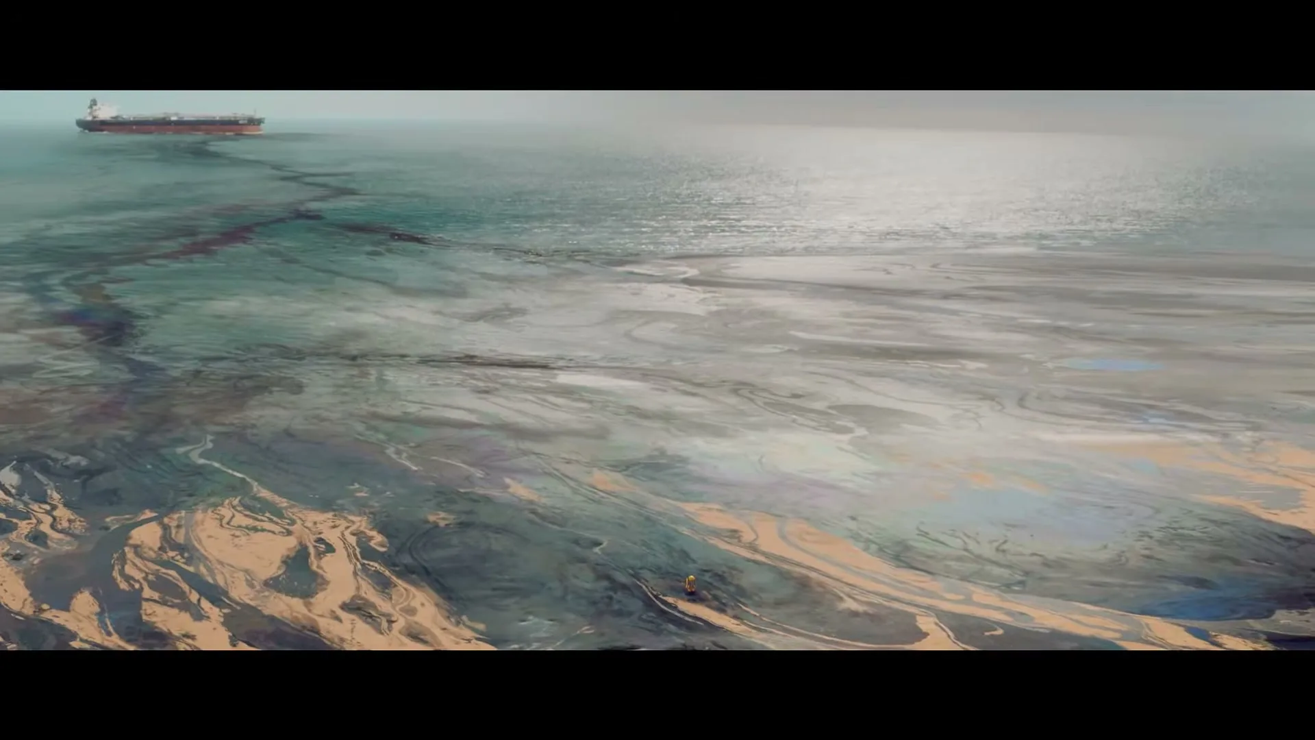 A small yellow robot walks on a polluted, oil-slicked beach as a large cargo ship sails in the distance, leaving a trail of oil.