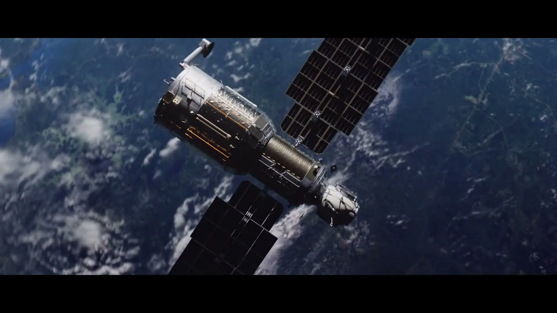 A satellite with large solar panels orbits above Earth, which is partially covered by clouds, against a dark blue sky.