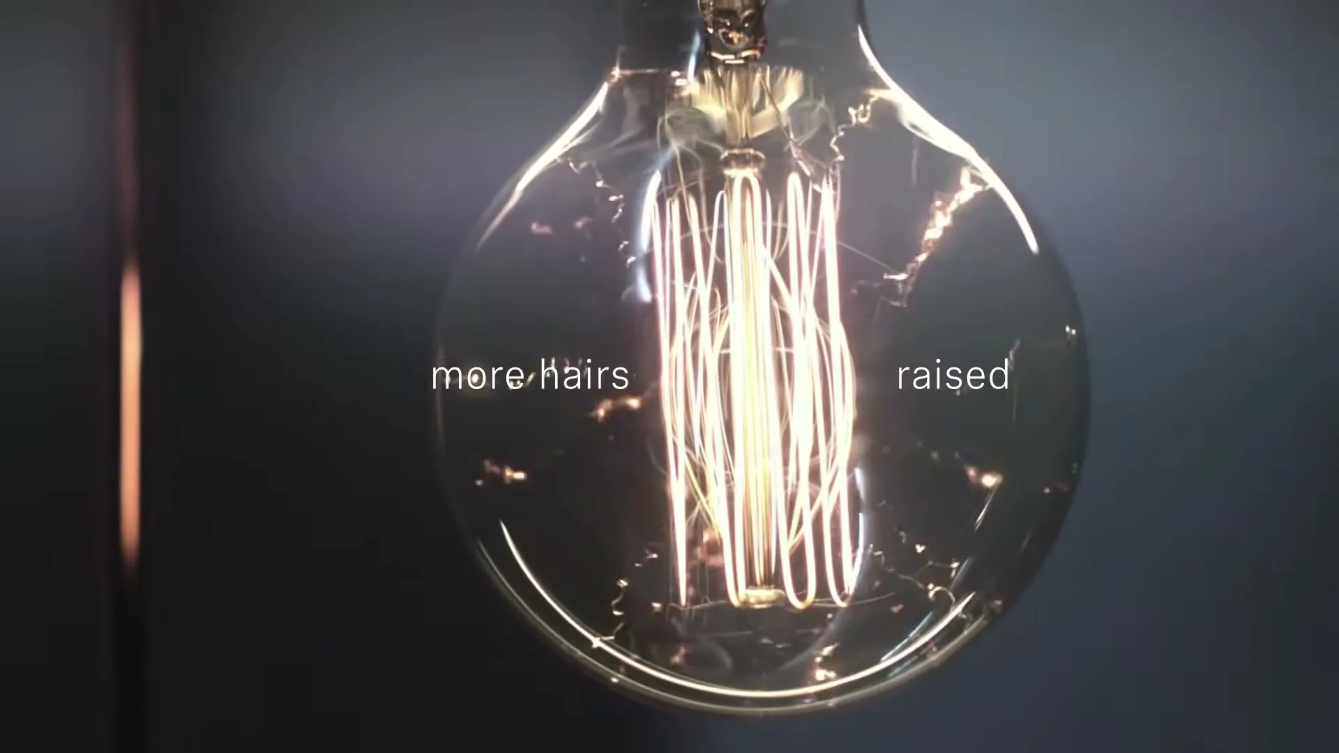 A close-up shot of a vintage Edison lightbulb with glowing filaments, with the words "more hairs raised" superimposed on the glass.