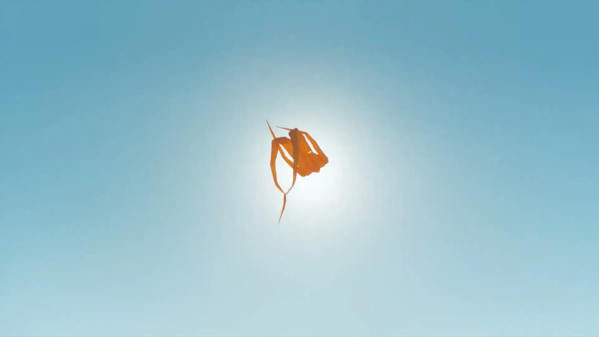 A person in an orange swimsuit is seen from below, jumping and silhouetted against a bright sun in a clear blue sky.
